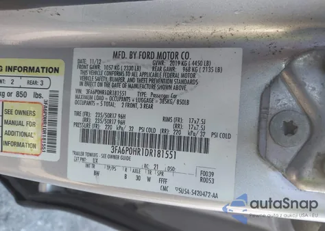 2013 Ford Fusion Se z USA, uszkodzony, nr VIN 3FA6P0HR1DR181551